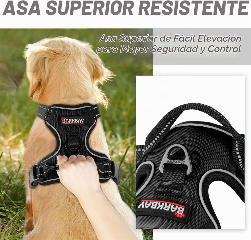 Barkbay Arnés antitirones con clip frontal para perros, material resistente y reflectante, mango de fácil control para pasear perros grandes (color negro, tamaño M)