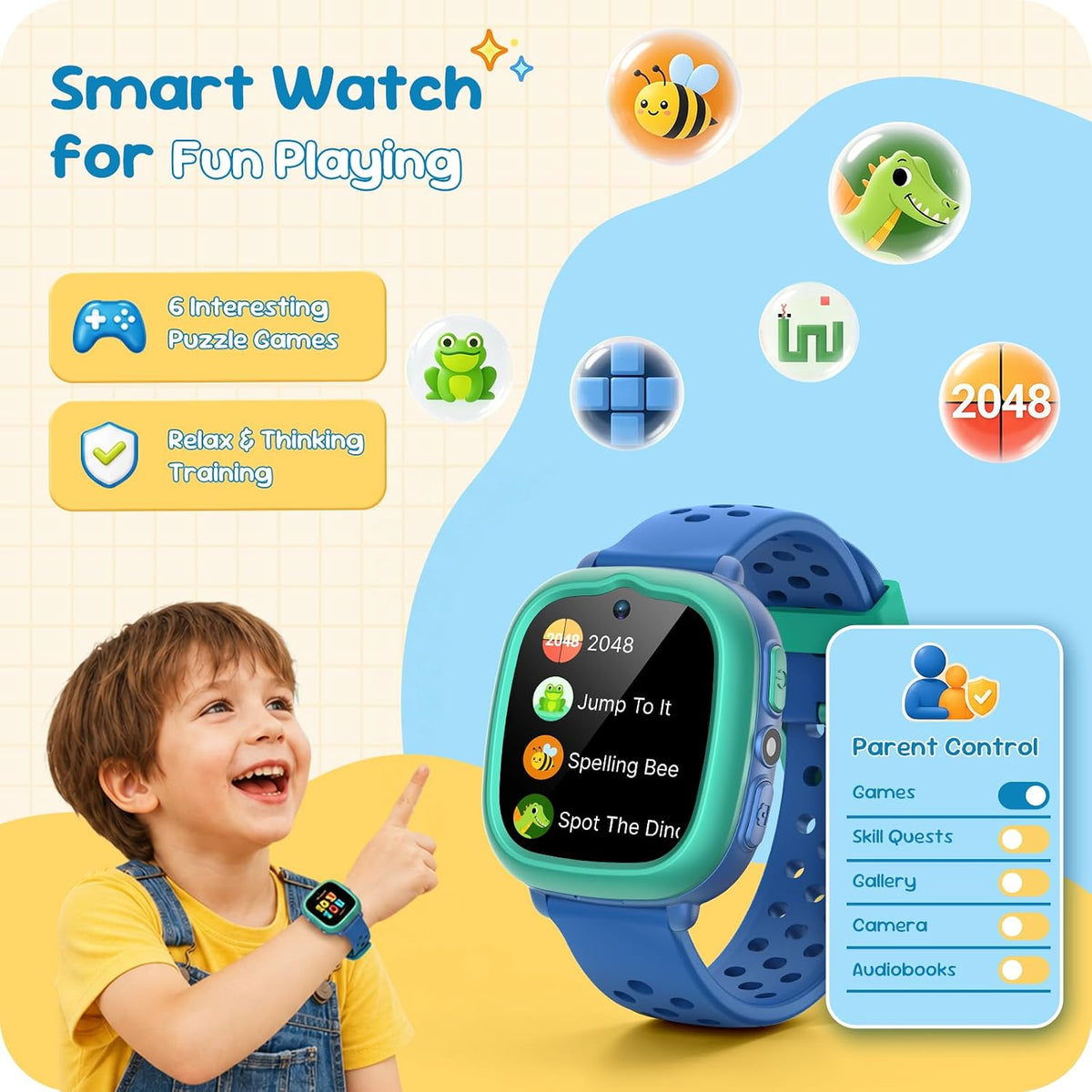 ENOMIR Reloj inteligente para niños de 3 a 12 años con cámara, podómetro, juegos, música, reloj inteligente para niños, rastreador de actividad física, audiolibros, control parental
