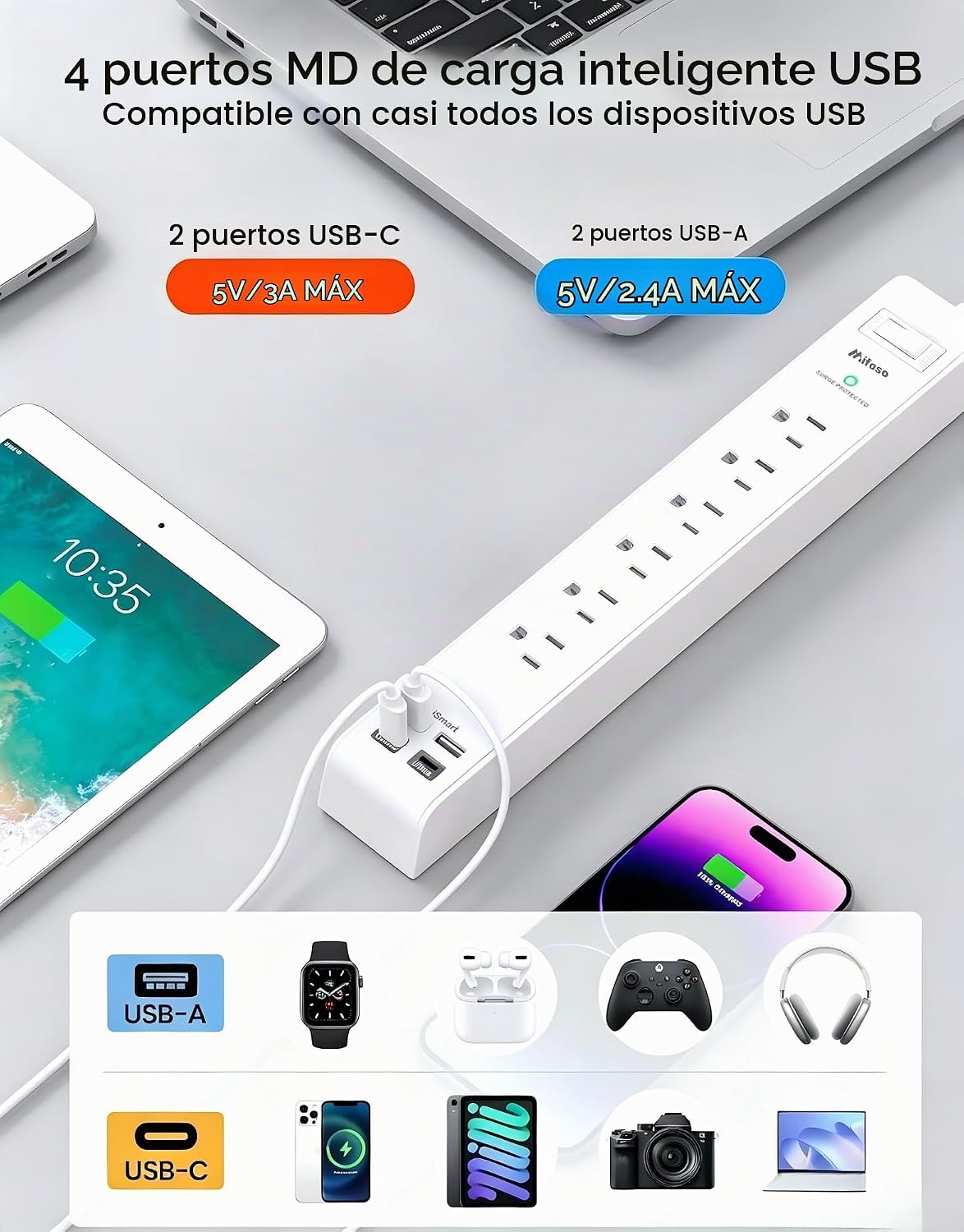 Mifaso Paquete de 2 regletas de alimentación, cable de extensión de enchufe