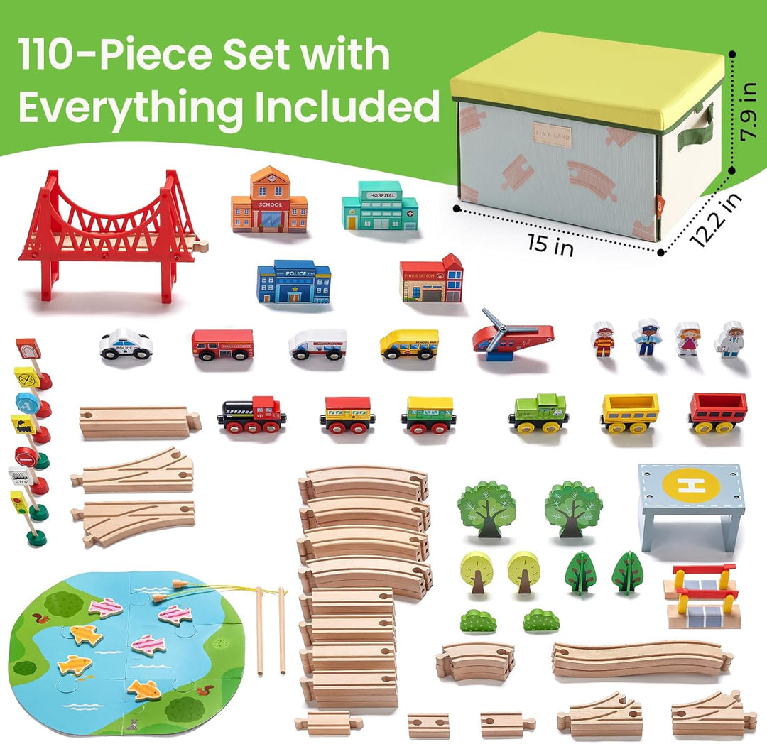 Tiny Land Juego de tren de madera de 110 piezas con caja de almacen...