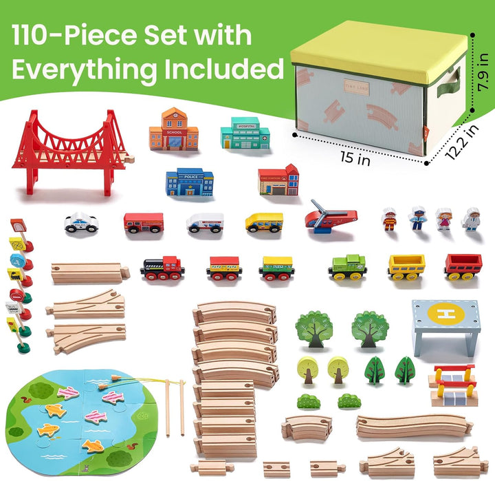 Tiny Land Juego de tren de madera de 110 piezas con caja de almacen...