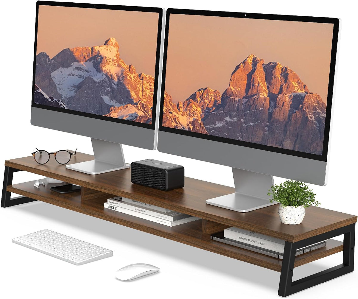 Fenge - Elevador de monitor doble para escritorio, estante abierto con 3 compartimentos de almacenamiento