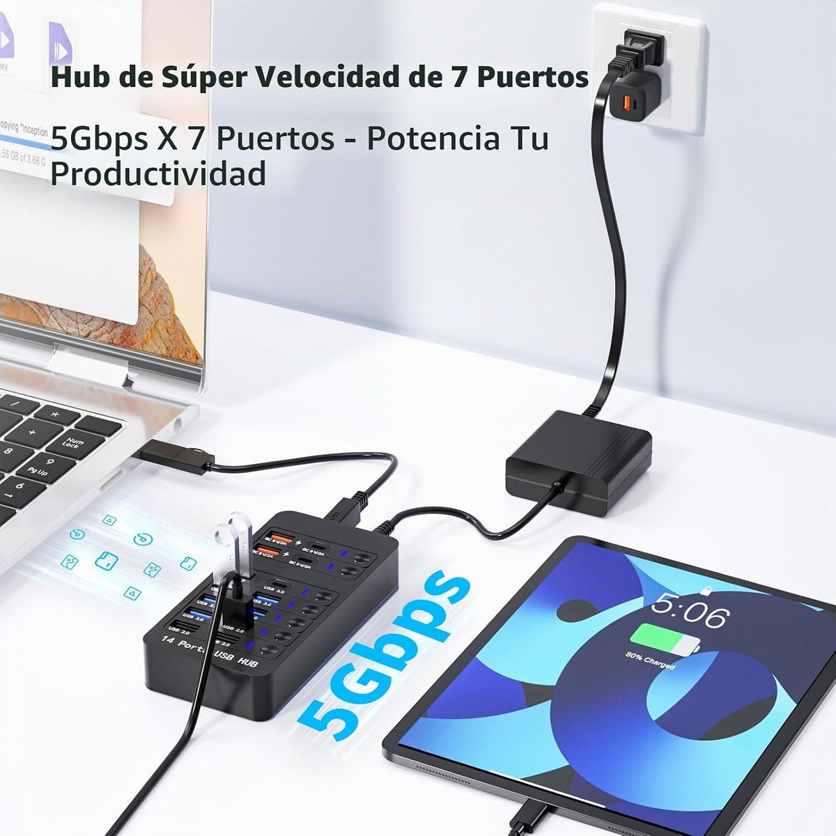 Zeroffi, J655-2402500D, hub USB 3.0 de 14 puertos, alimentado, adaptador 9V/2A