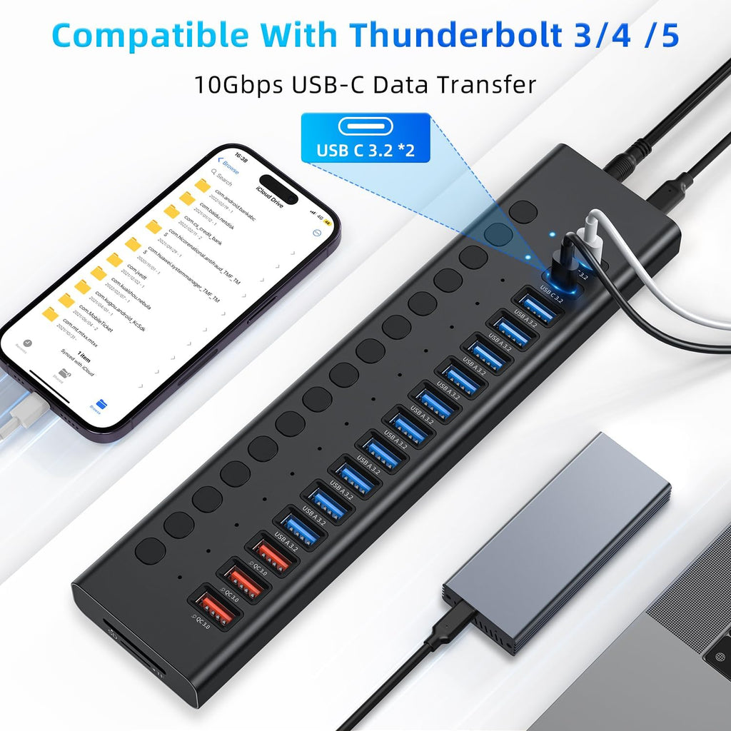 VANGREE, MK1-1200800C8, hub USB 3.2 de 17 puertos, alimentado, adaptador 12V/8A