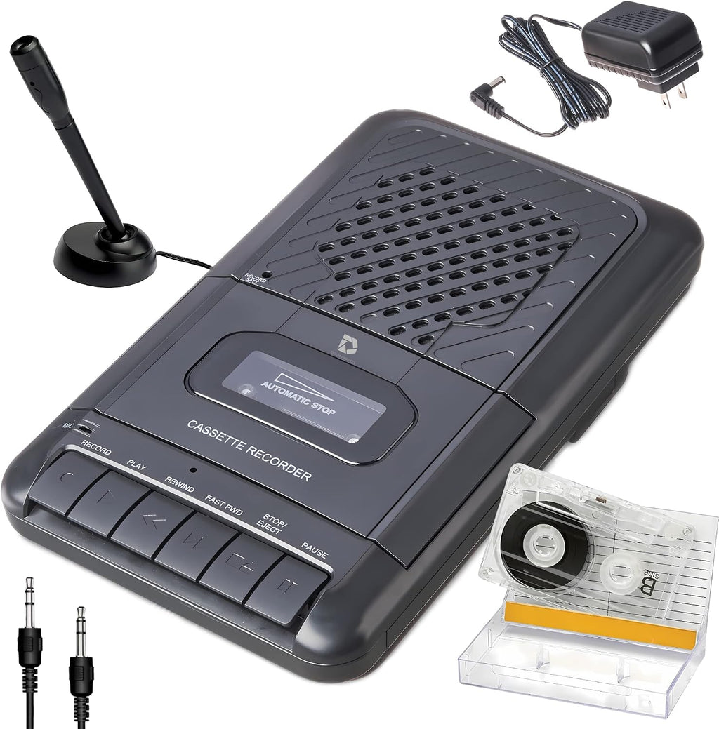 Deluxe Products Reproductor de Casetes Portátil Grabadora de Cinta. Graba en casetes a través de micrófono o entrada auxiliar. Altavoz integrado para escuchar casetes. Incluye micrófono externo, cable