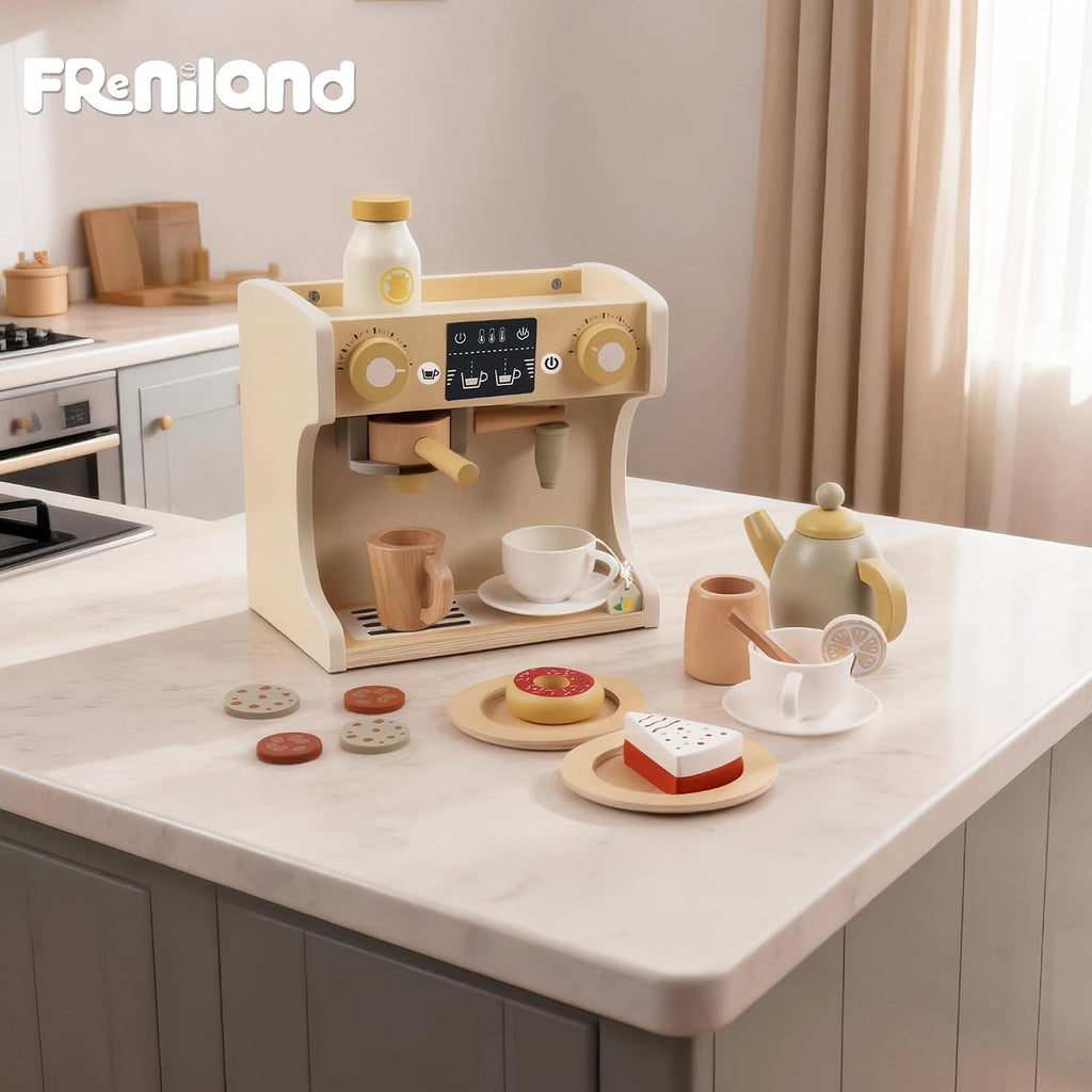 Freniland Juego de cafetera de madera para niños pequeños, máquina de espresso de lujo con accesorios, juguete de cocina Montessori para niños a partir de 3 años