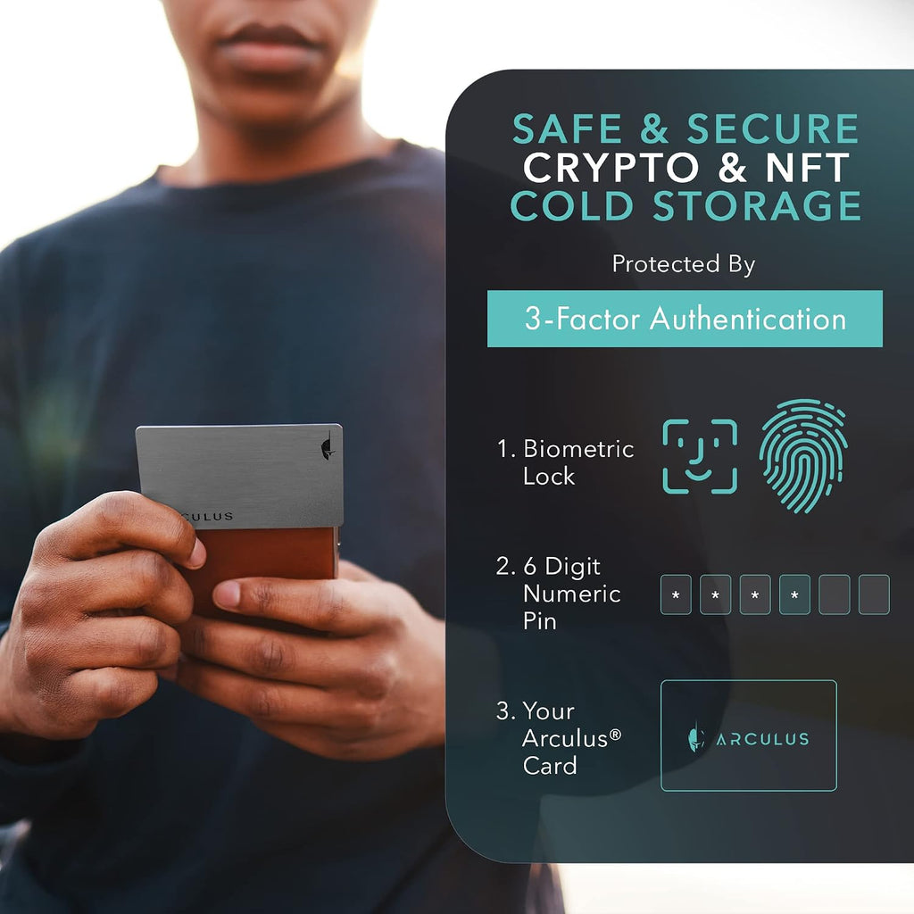 Arculus® Cartera de almacenamiento en frío criptográfico, billetera segura de Bitcoin, billetera de hardware criptográfico para NFT, Ethereum, Bitcoin, Cardano y otras criptomonedas, billetera criptográfica de autenticación de 3 factores, color plateado