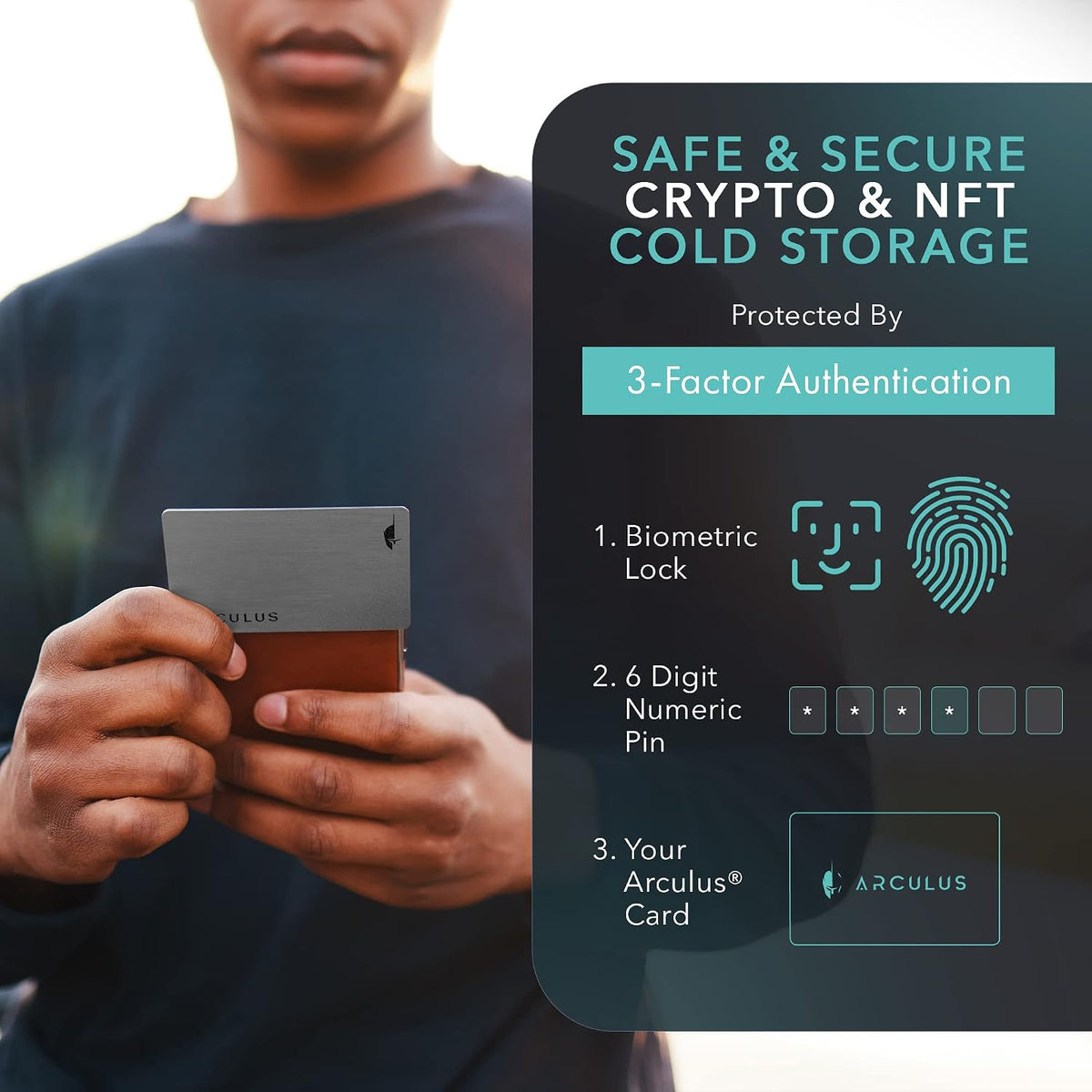 Arculus® Cartera de almacenamiento en frío criptográfico, billetera segura de Bitcoin, billetera de hardware criptográfico para NFT, Ethereum, Bitcoin, Cardano y otras criptomonedas, billetera criptográfica de autenticación de 3 factores, color plateado