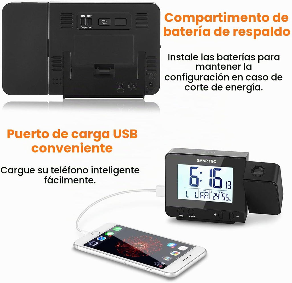 Digital Projection Alarm Clock para Bedrooms con Indoor Thermometer