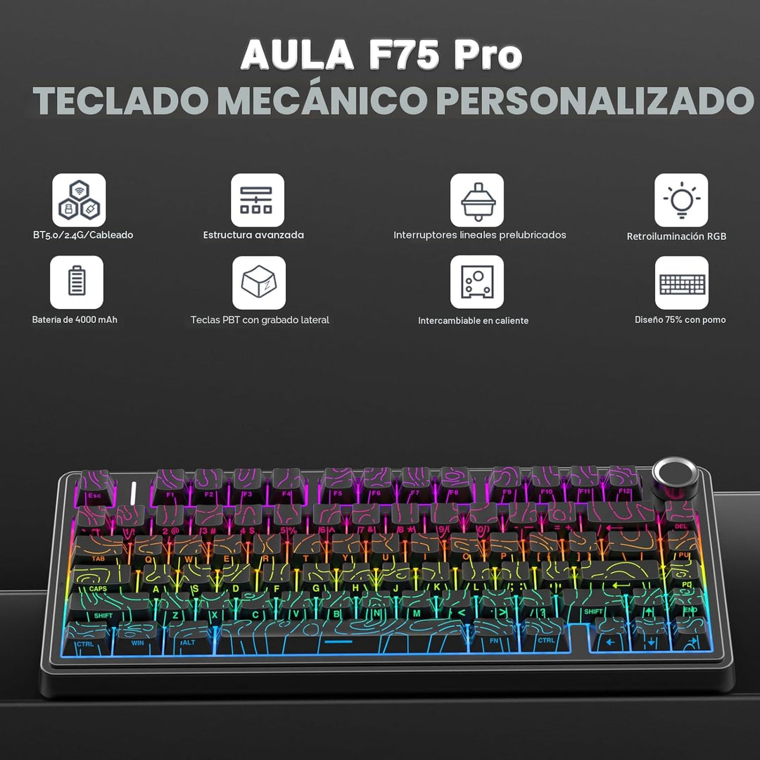 AULA Teclado mecánico inalámbrico F75 Pro con perilla, 75% teclados...