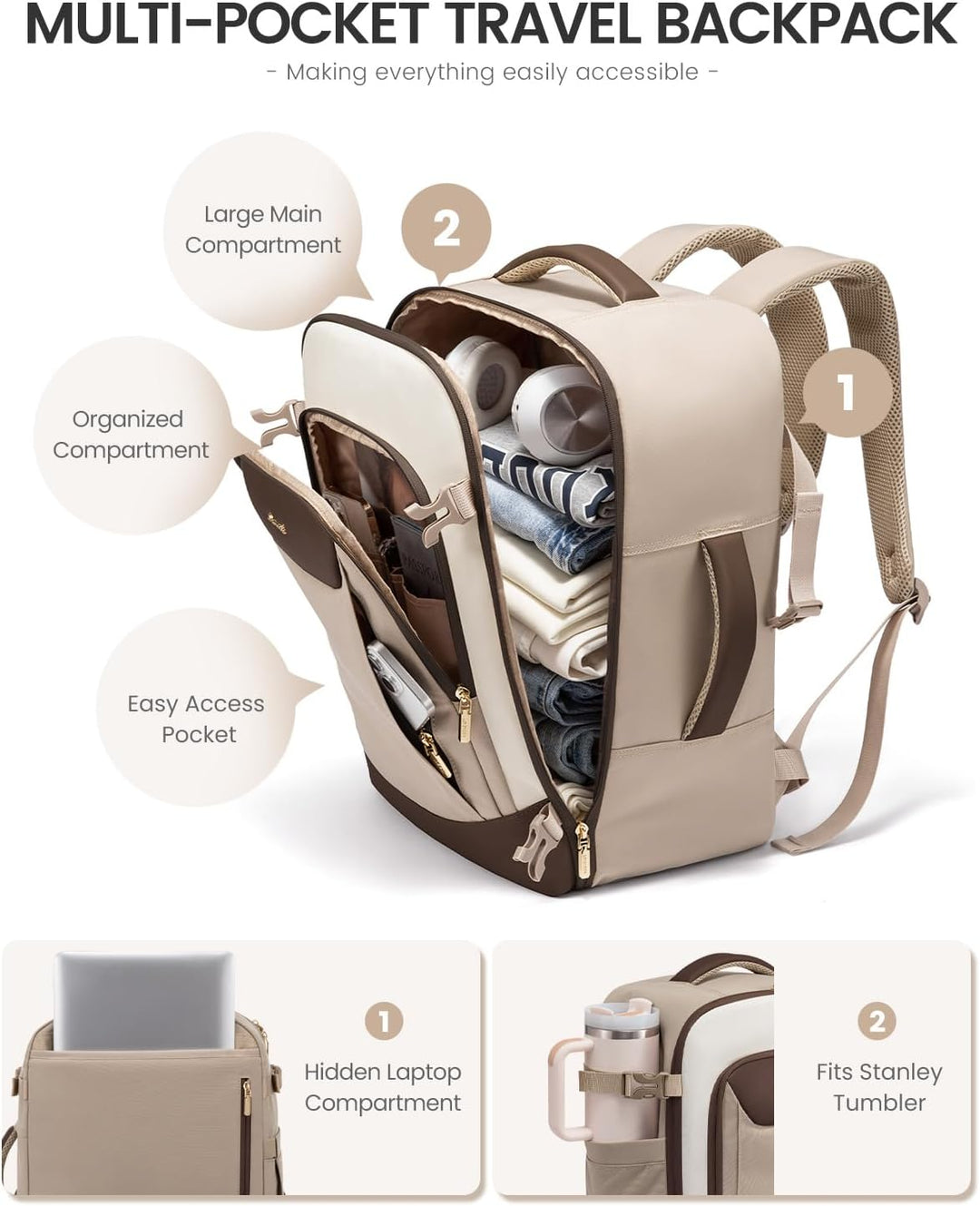 LOVEVOOK Mochila de viaje de 40 L para mujeres y hombres, mochila g...