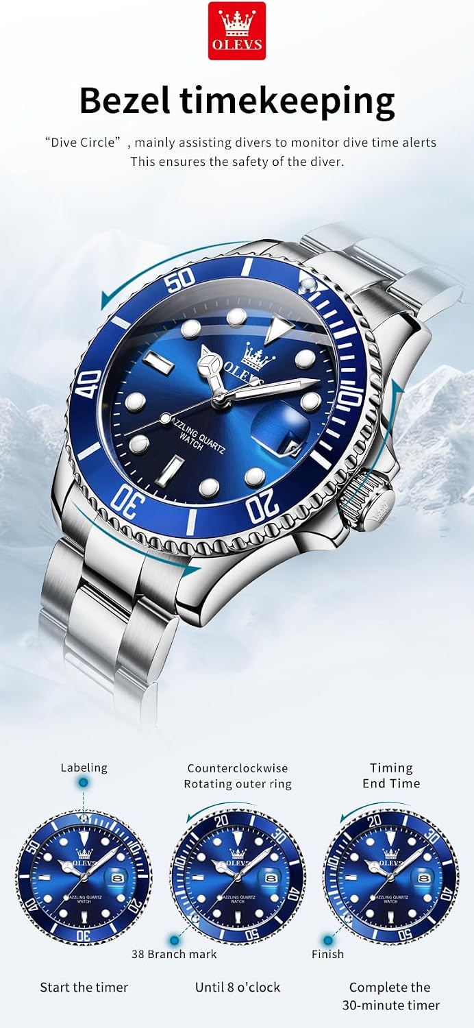 OLEVS Reloj para Hombre Con Diamante Analógico Quartz Negocios Resistente al Agua Acero Inoxidable Fecha Semana Luminiscente Reloj para Hombres