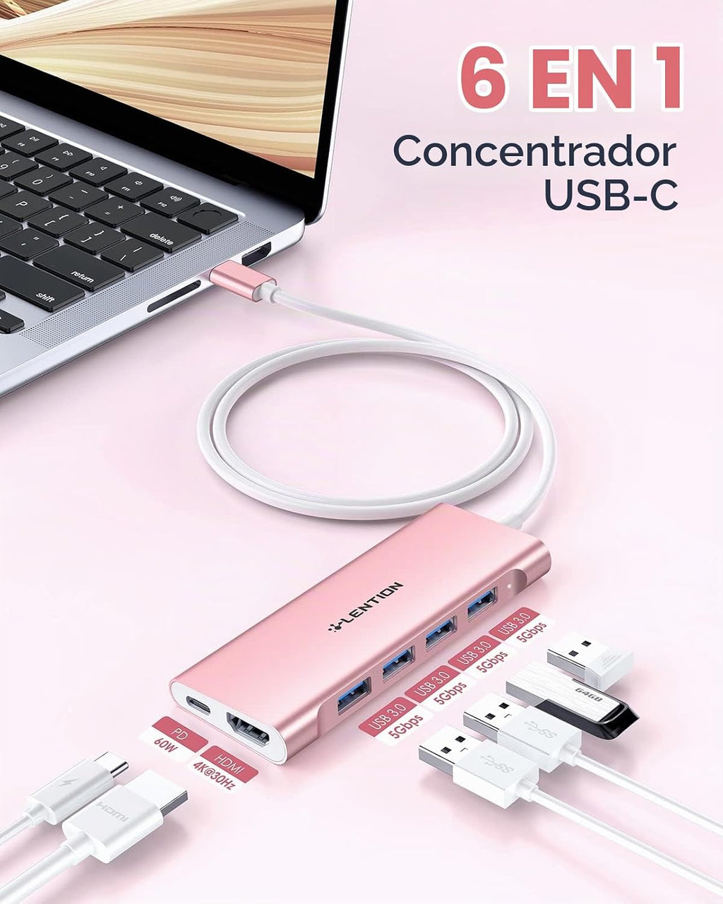 LENTION, CB-TP-C35H-1M-ROG-US-1, hub USB de 4 puertos
