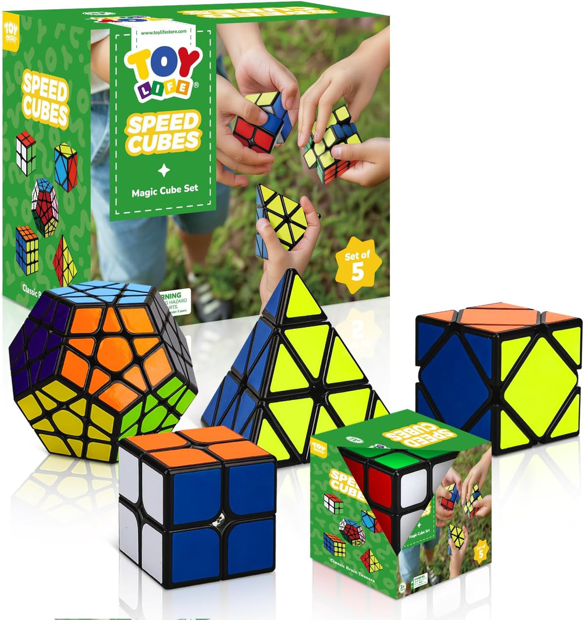 STEAM Life Speed Cube - Juego de 5 cubos mágicos, incluye cubos de velocidad de 3 x 3, cubo de velocidad de 2 x 2, cubo piramidal, cubo de rompecabezas Megaminx para niños y adultos