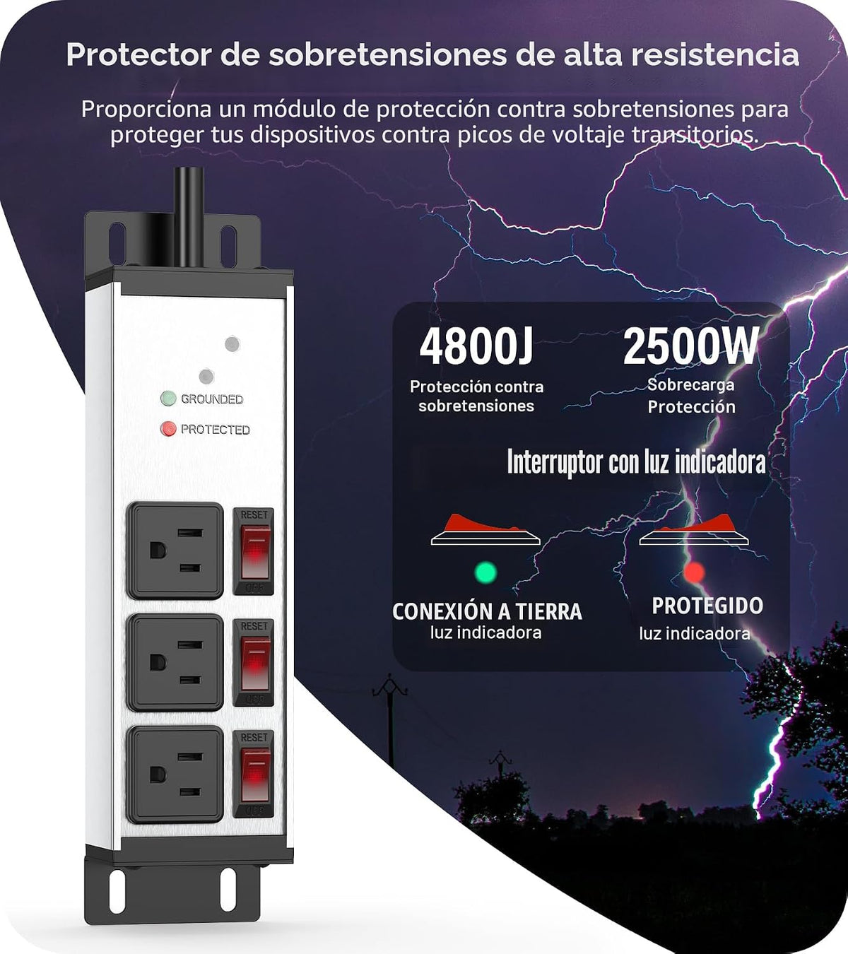 CCCEI Protector de sobretensiones resistente de 3 tomas, calibre 12