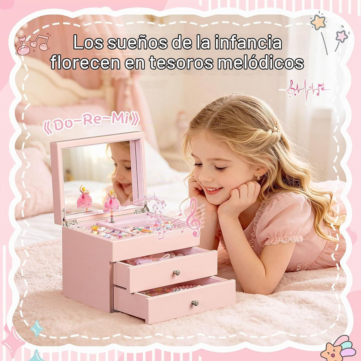 Joyero musical para niñas, joyero musical de 3 capas de madera para niños y organizadores con bailarina giratoria, regalo de almacenamiento de joyas musicales para niñas, Navidad, cumpleaños