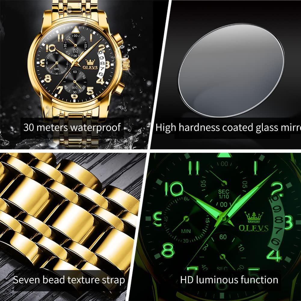 OLEVS Relojes de Oro para Hombres Reloj de Pulsera de Lujo a Prueba de Agua Gran Cara Elegante Acero Inoxidable Analógico Cuarzo Fecha Cronógrafo Luminoso Lectura Fácil Relojes de Negocios Regalos para Hombres Graduación