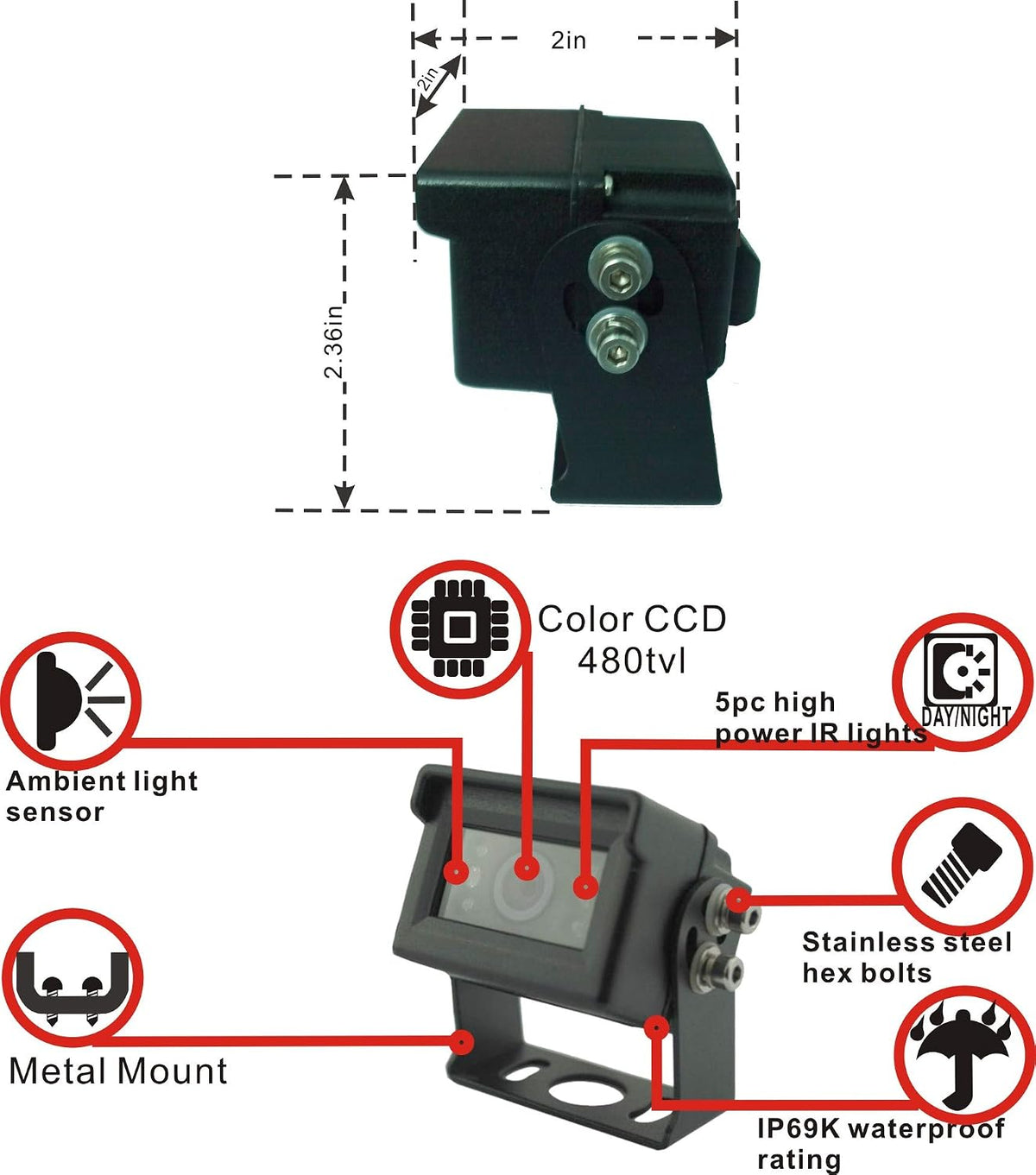 Lámpara 7 "1080P AHD Sistema de cámara de visión trasera inversa con cable, línea de guía, IP69K sin fugas de agua, visión nocturna, a prueba de vibraciones 10G para tractor/camión/excavadora/caravana/minicadora/equipo pesado