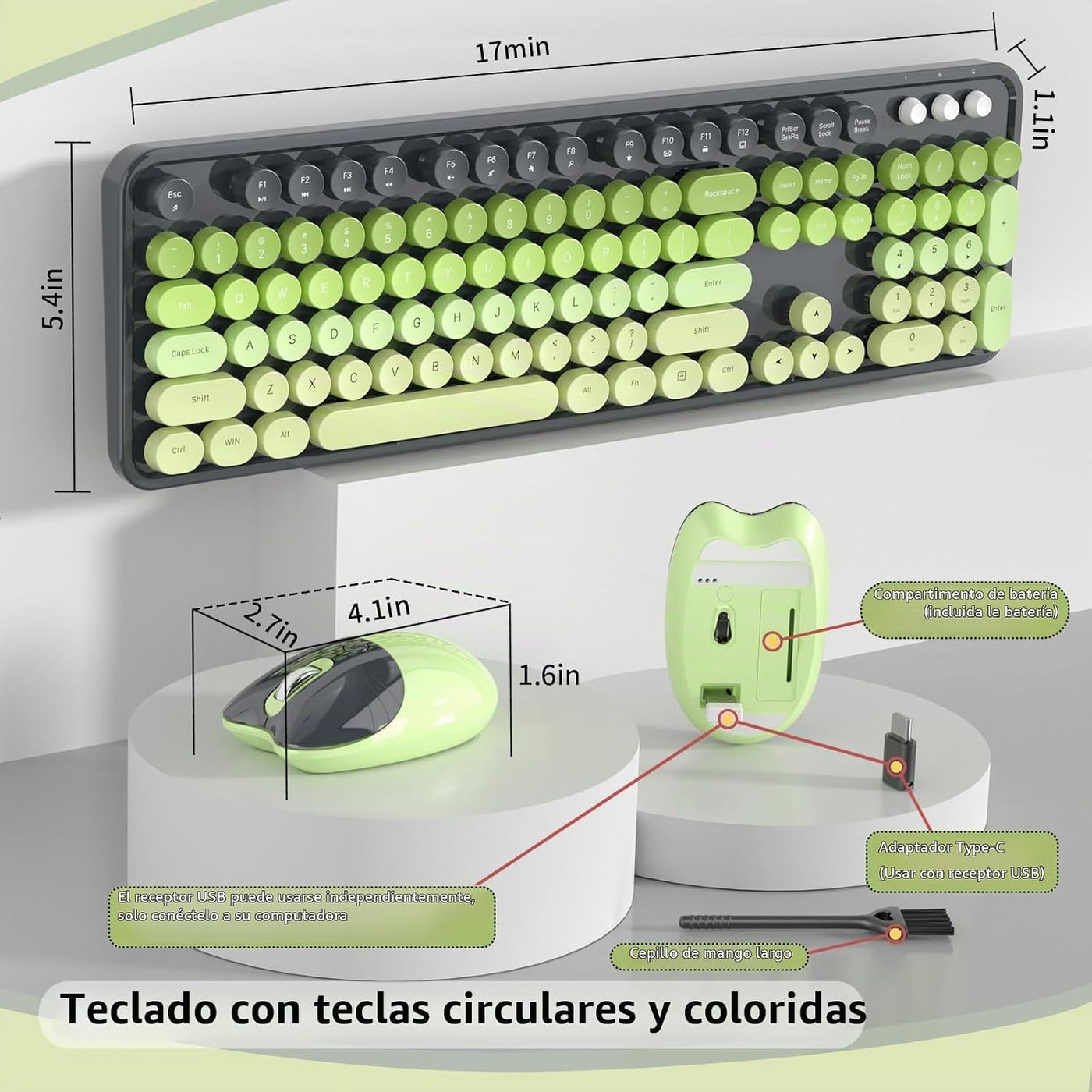 Teclado y ratón inalámbricos, MOFII con teclas redondas de 104 tecl...