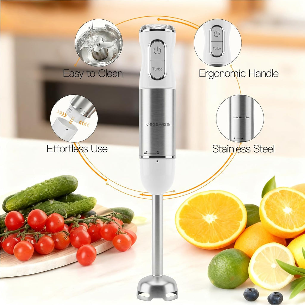 MEGAWISE Batidora de mano de inmersión 5 en 1, potente batidora de varilla de 1100 W con batidor, picadora, espumador de leche y vaso de precipitados, velocidad variable y turbo, cuchillas de acero
