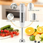 MEGAWISE Batidora de mano de inmersión 5 en 1, potente batidora de varilla de 1100 W con batidor, picadora, espumador de leche y vaso de precipitados, velocidad variable y turbo, cuchillas de acero