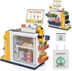 Juego de caja registradora para niños – 48 piezas de dinero de simulación, calculadora, escáner, tarjeta de crédito y comida de juego para niños y niñas a partir de 3 años (668-125)