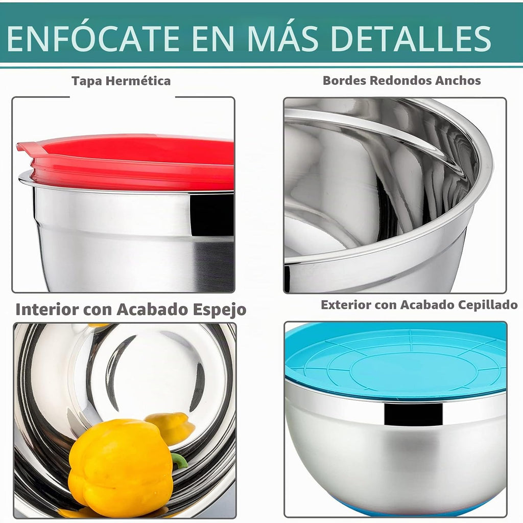 P&P CHEF Juego de 6 cuencos de acero inoxidable con tapas, multicolor