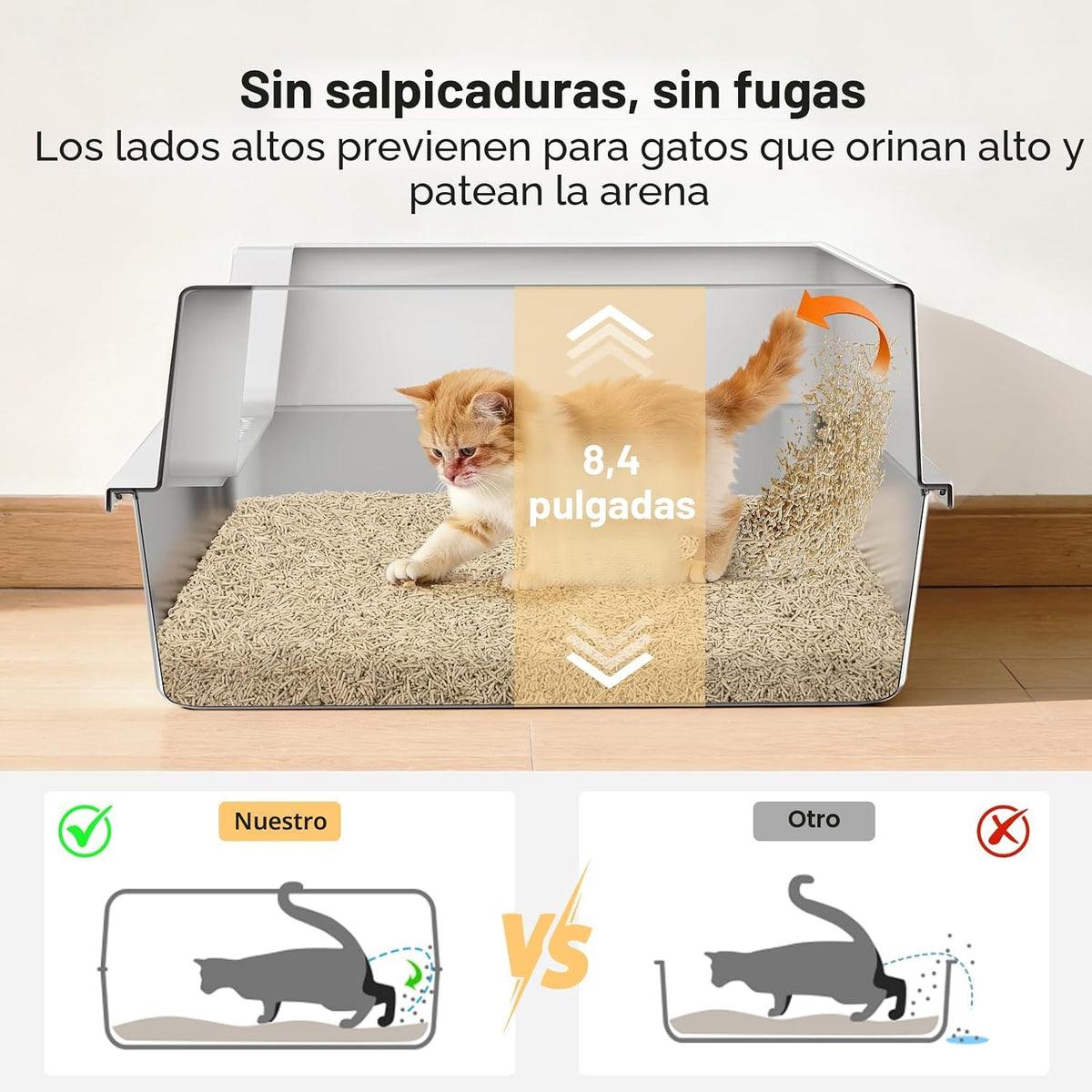 FURTIME Caja de arena para gatos de acero inoxidable, caja de arena de