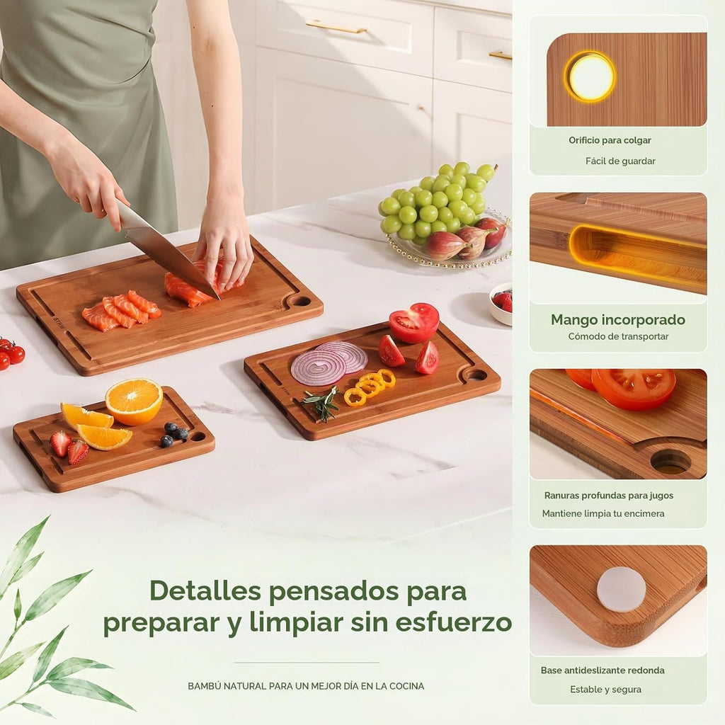 Tabla de cortar de bambú de 3 piezas, juego de tablas de cortar de madera