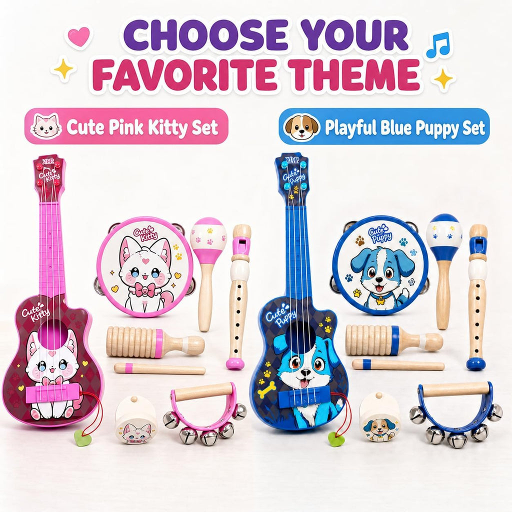 Juego de juguetes de guitarra para niños, instrumentos musicales duraderos a prueba de caídas 7 en 1 para niños de 3 a 5 años, lindo juguete de ukelele de animales con pandereta de madera, guiro