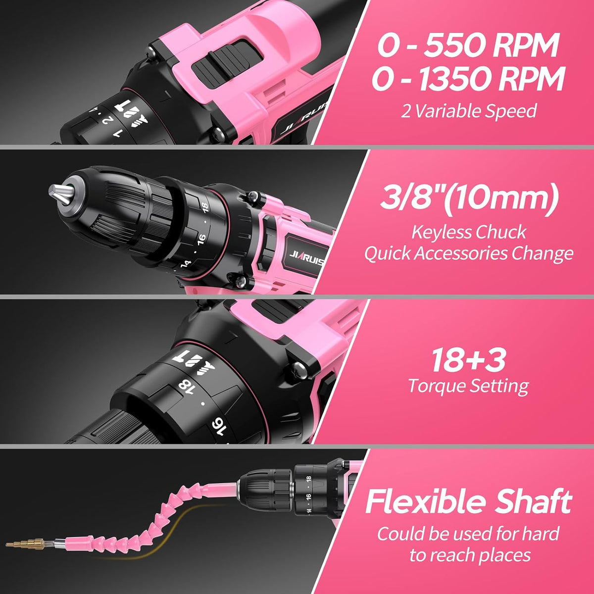 Taladro inalámbrico de 20 V, juego de taladro eléctrico con cargador de batería y estuche de transporte, portabrocas sin llave de 3/8 pulgadas, 2 velocidades variables, 18+3 torque, 72 puntas de destornillador y gancho para cinturón, rosa