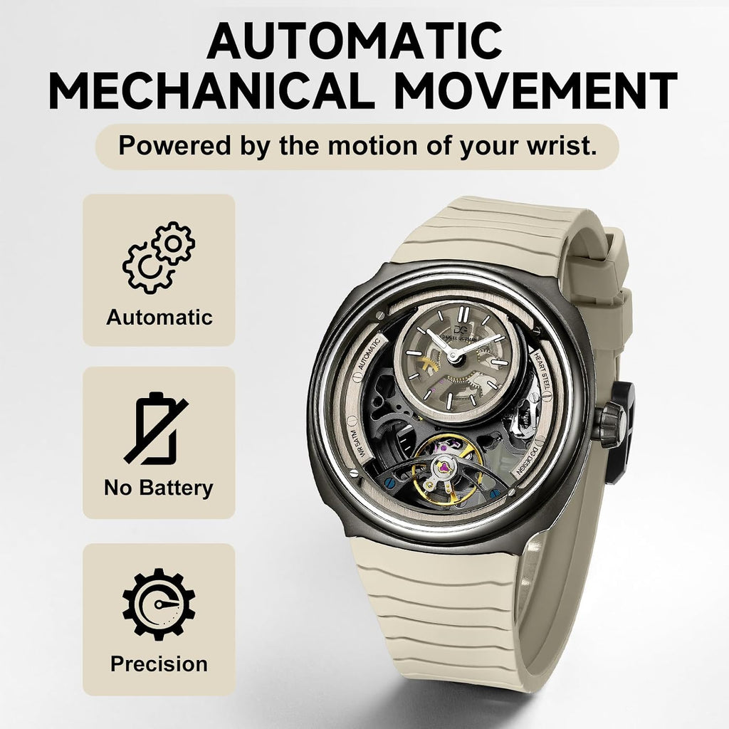 Reloj mecánico automático para hombre 1.693 in banda de silicona plateada