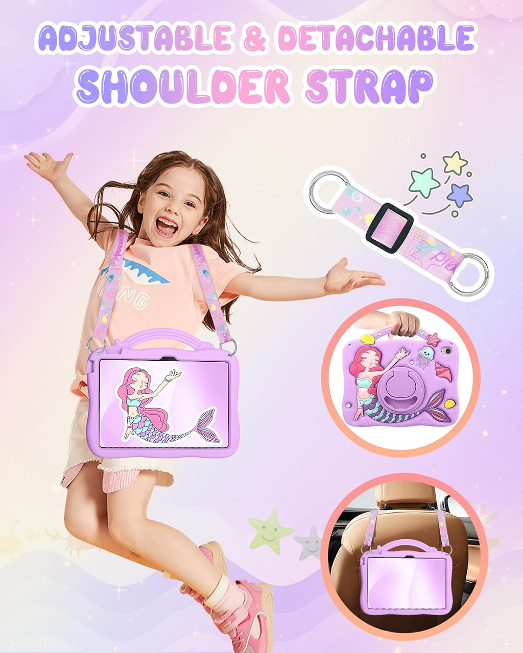 Boaretiu para iPad A16 Funda/Funda de 10ª Generación - Linda Funda de Tablet de 10.9 Pulgadas 2022 para Niñas y Adolescentes con Diseño de Sirenas Púrpuras de Dibujos Animados y Soporte Giratoria de