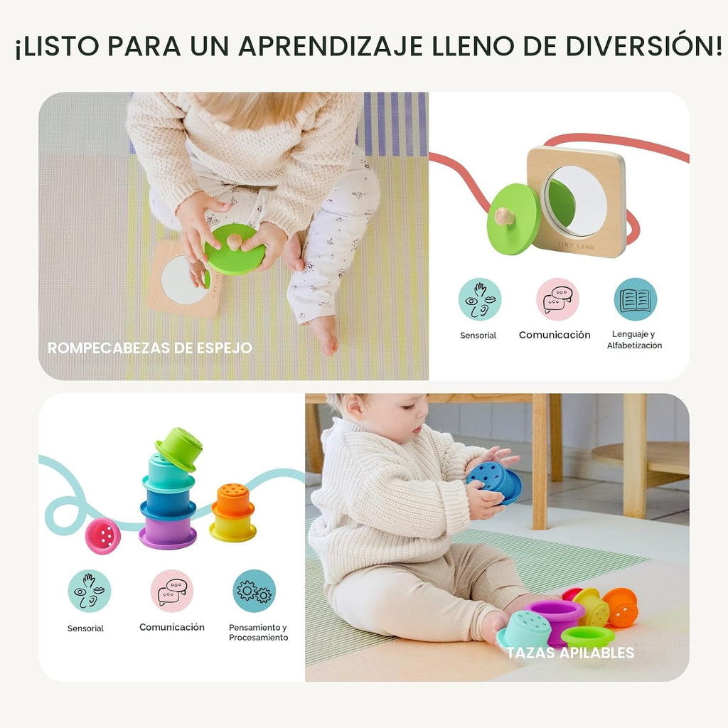 Tiny Land Juego de juguetes Montessori para bebés de 7 a 9 meses Kit de juego sensorial - 5 en 1 Juguetes de aprendizaje de madera con caja de permanencia de objetos, bola sensorial, tazas apilables y
