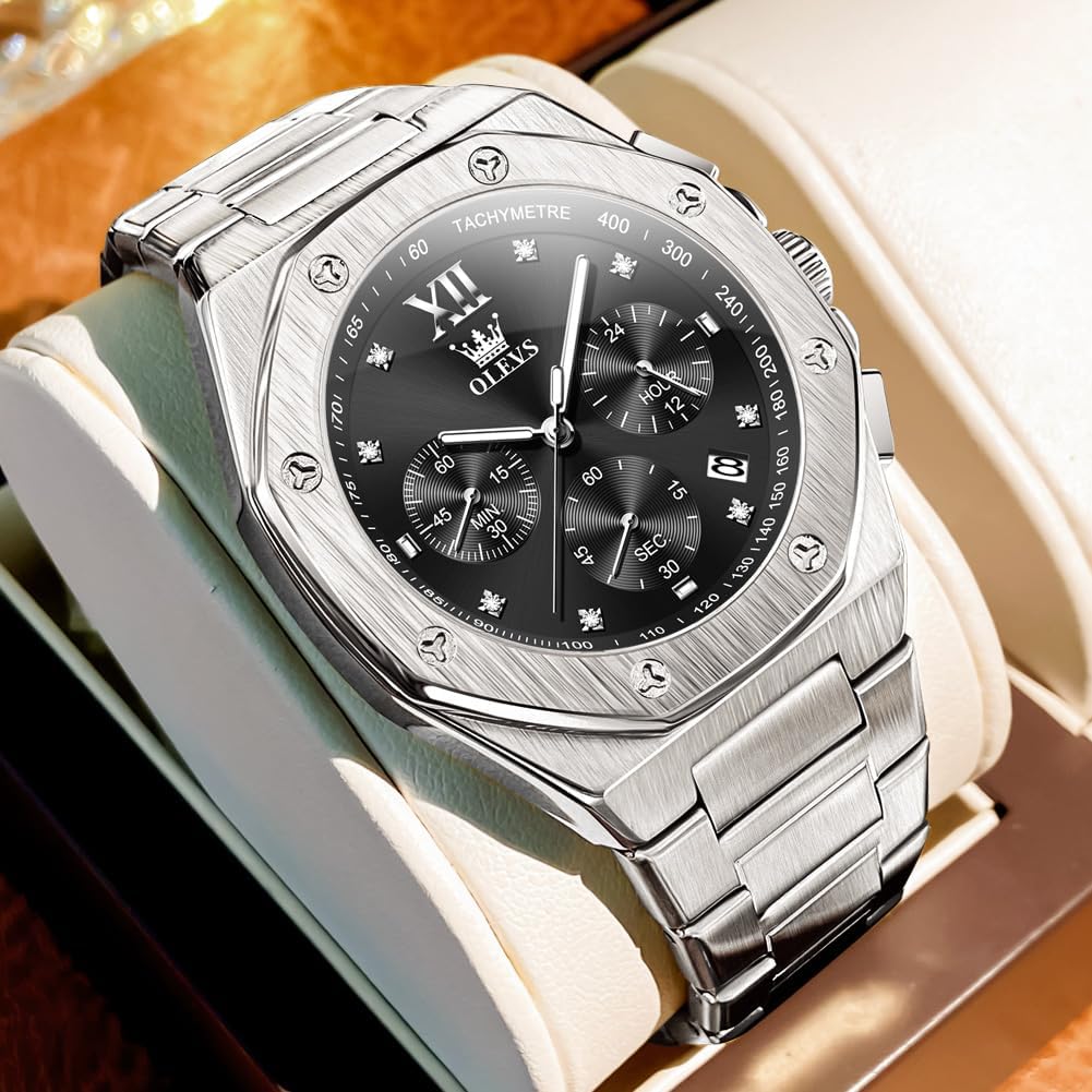 OLEVS Reloj para hombre Big Face Acero inoxidable Impermeable Luminoso Diamante