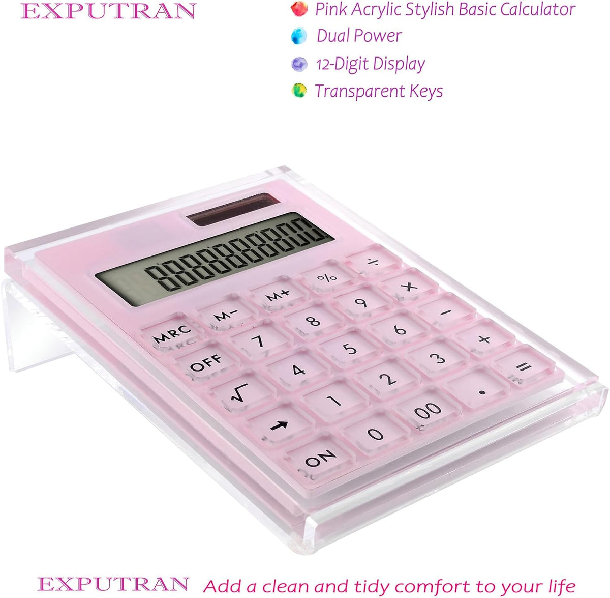 Calculadora de Acrílico con Soporte, Batería y Energía Solar Híbrida Calculadora Básica de 12 Dígitos con Pantalla LCD, Accesorios de Escritorio para Hogar y Oficina (Rosa)