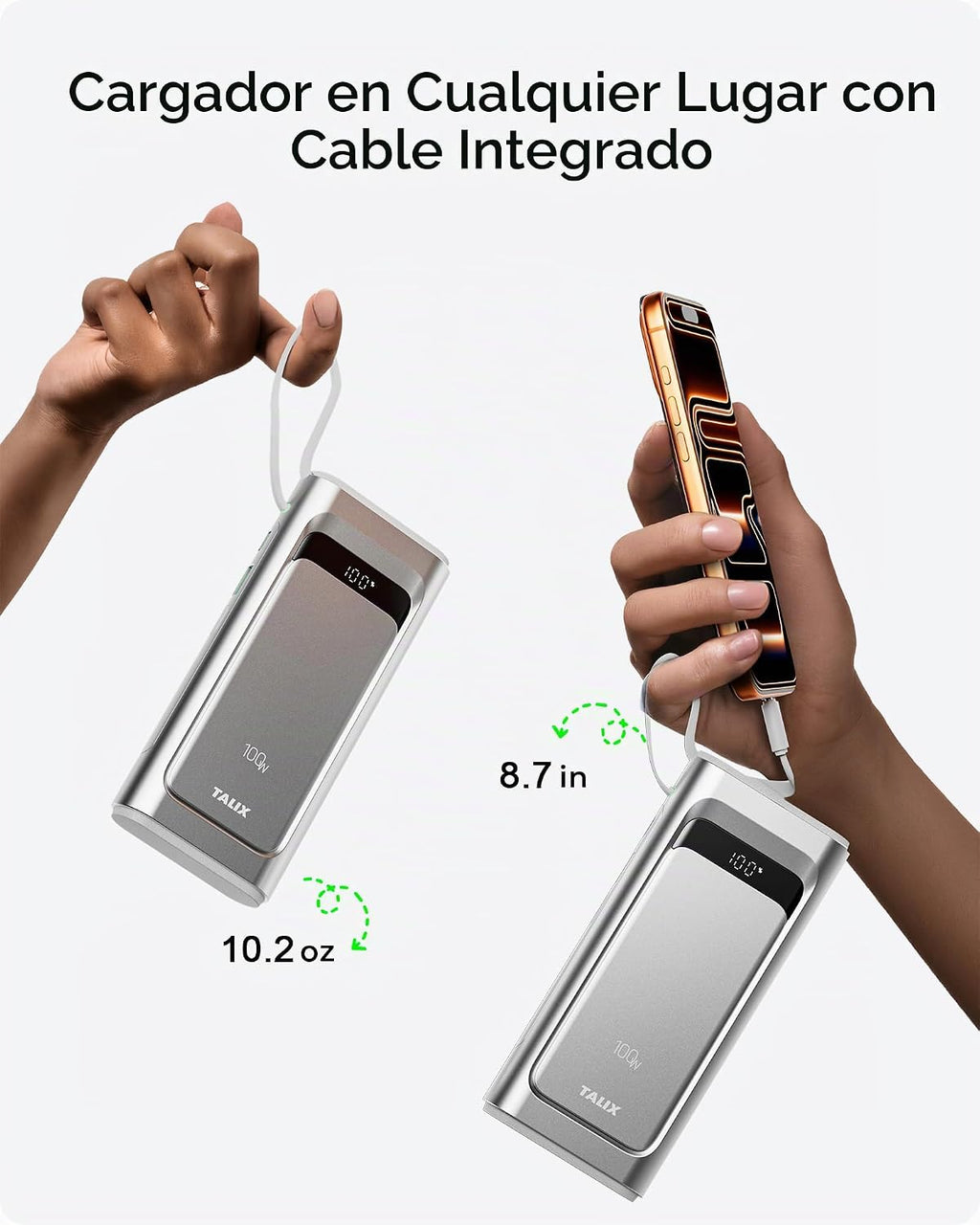 Cargador portátil de 100 W, banco de energía de 10000 mAh con cable