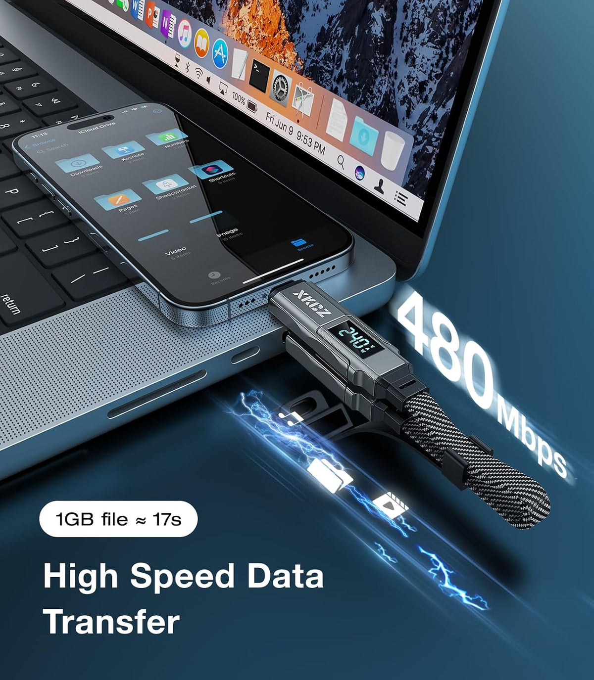 XKCZ Cable USB C de llavero 4 en 1 con pantalla V/A/W, carga rápida de 240