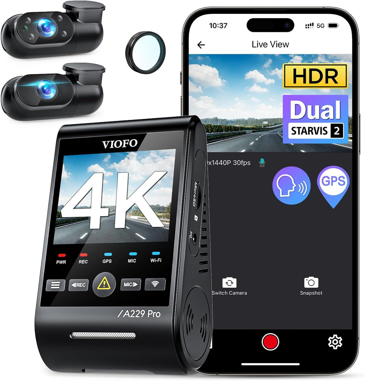 VIOFO A229 Pro 4K 3CH Dash Cam HDR para parte delantera y trasera e