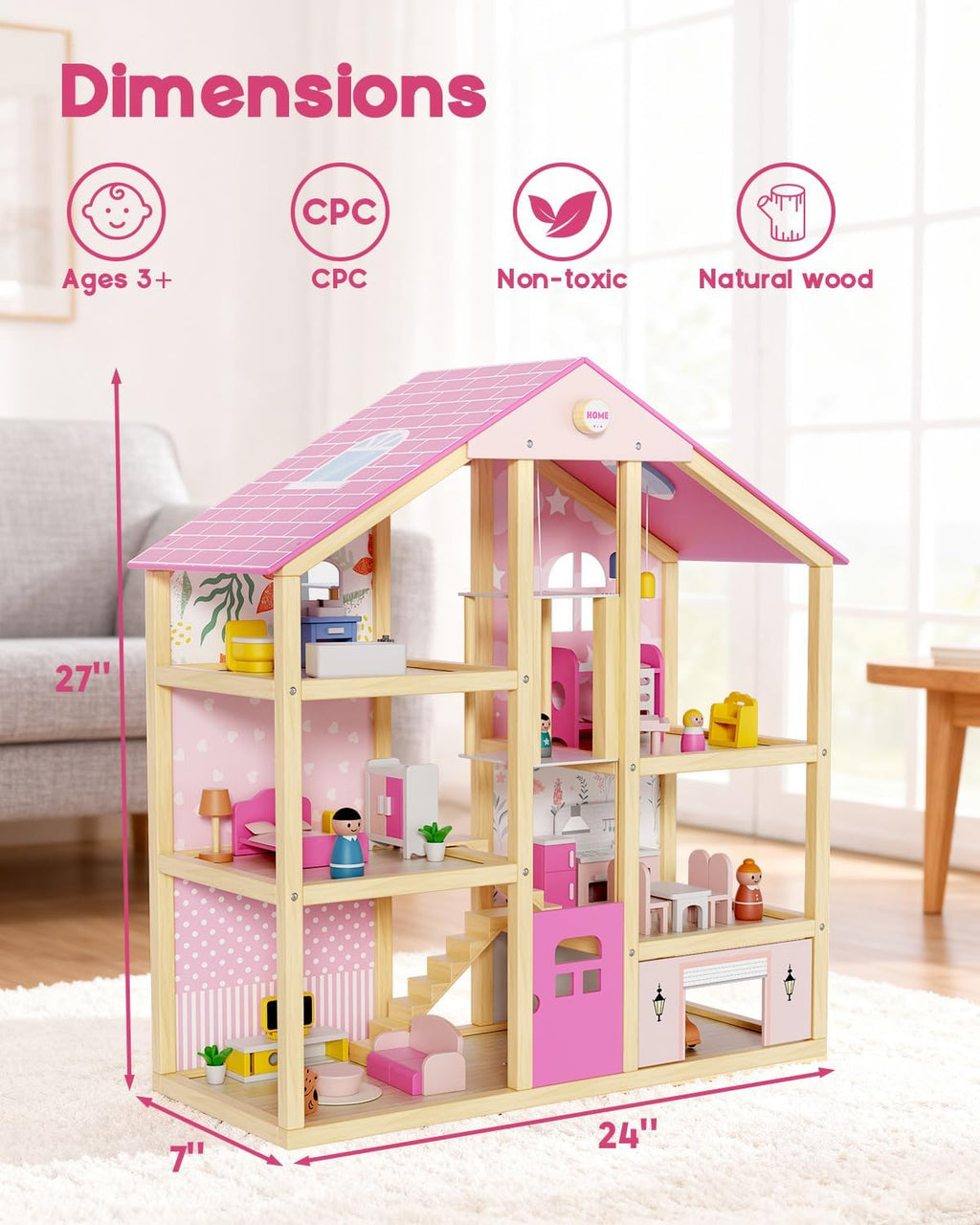 Casa de muñecas de madera para niñas y niños de 3 a 8 años, casa de
