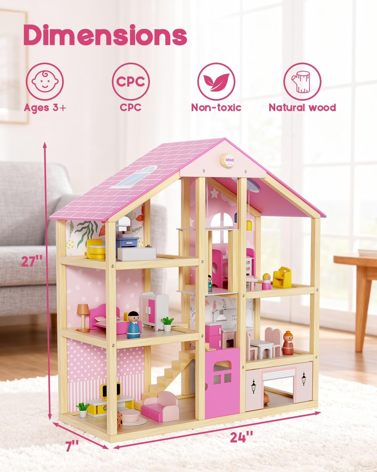 Casa de muñecas de madera para niñas y niños de 3 a 8 años, casa de