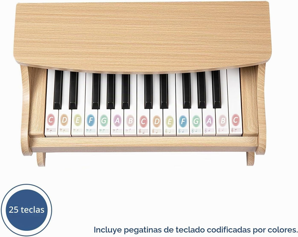ZIPPY Teclado de piano para niños, piano digital de 25 teclas para niños, mini instrumento educativo musical, juguete de madera para niños y niñas (roble)
