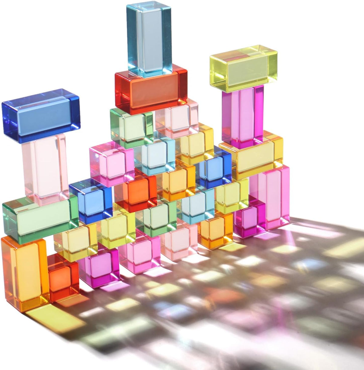 Juego de 30 bloques acrílicos mixtos – 10 largos (1.0 x 1.0 x 2.0 in) + 20 cubos (1.0 x 1.0 x 1.0 in), bloques de gemas arcoíris, juguete apilable sensorial para niños y niñas de 1, 2, 3, 4 años