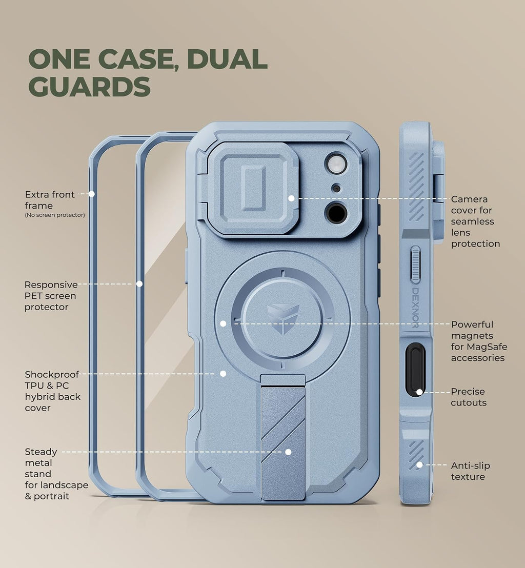 Dexnor Funda para teléfono Pro 2026/2025, [2 marcos frontales, funda para cámara abatible integrada y soporte integrados], compatible con MagSafe, funda resistente a prueba de golpes con protector de