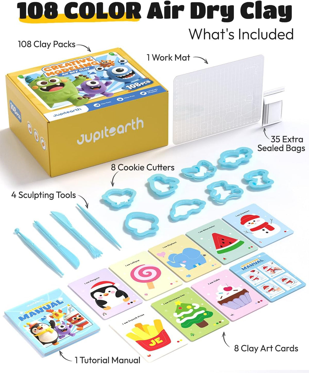 JUPITEARTH 164 Pcs Air Dry Clay Kit, 108 Colors Modeling Clay para Kids