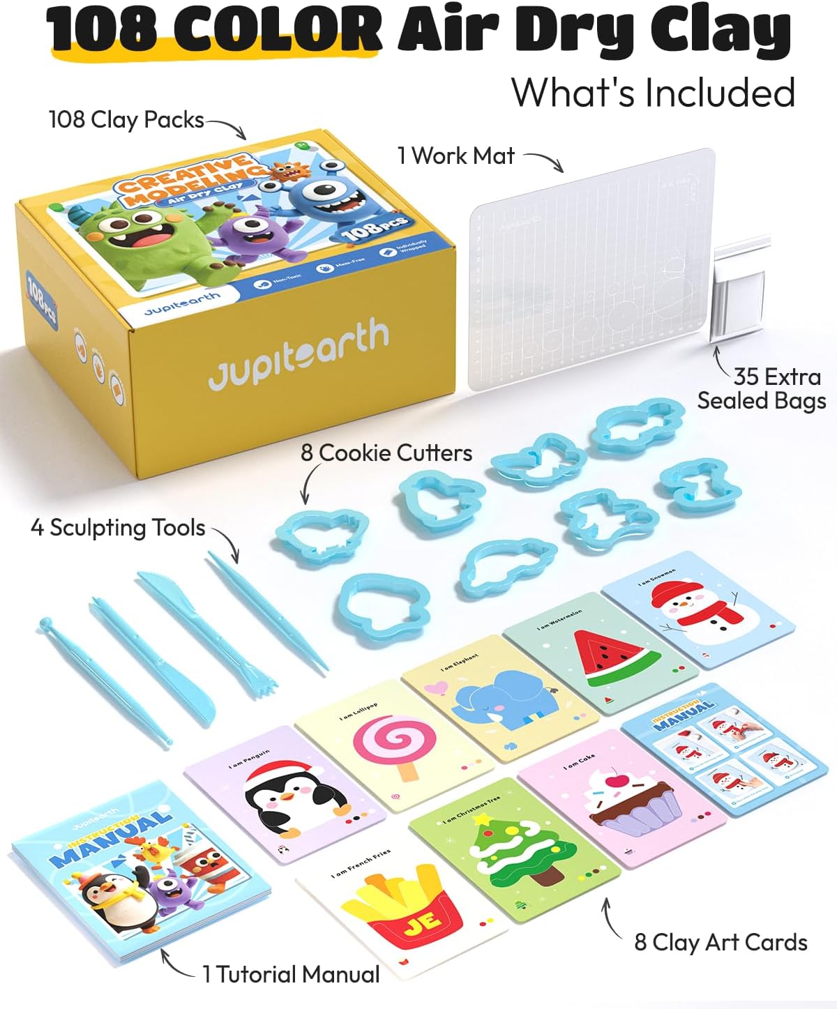 JUPITEARTH 164 Pcs Air Dry Clay Kit, 108 Colors Modeling Clay para Kids
