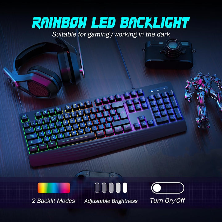 yesbeaut Teclado para juegos, retroiluminación LED arcoíris de 7 co...