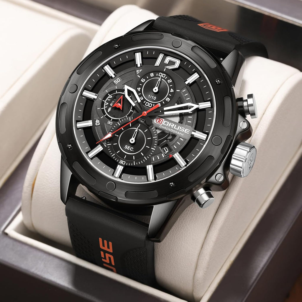 Relojes cronógrafo para hombre, reloj analógico de cuarzo negro de cara grande, luminoso, impermeable, calendario de lujo, reloj deportivo para hombre con correa de silicona