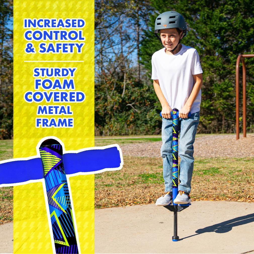 Flybar Jolt Pogo Stick para niños, perfecto para principiantes con marco de metal cubierto de espuma, asas y acolchado, almohadillas antideslizantes para los pies, punta ancha, juguete activo al aire
