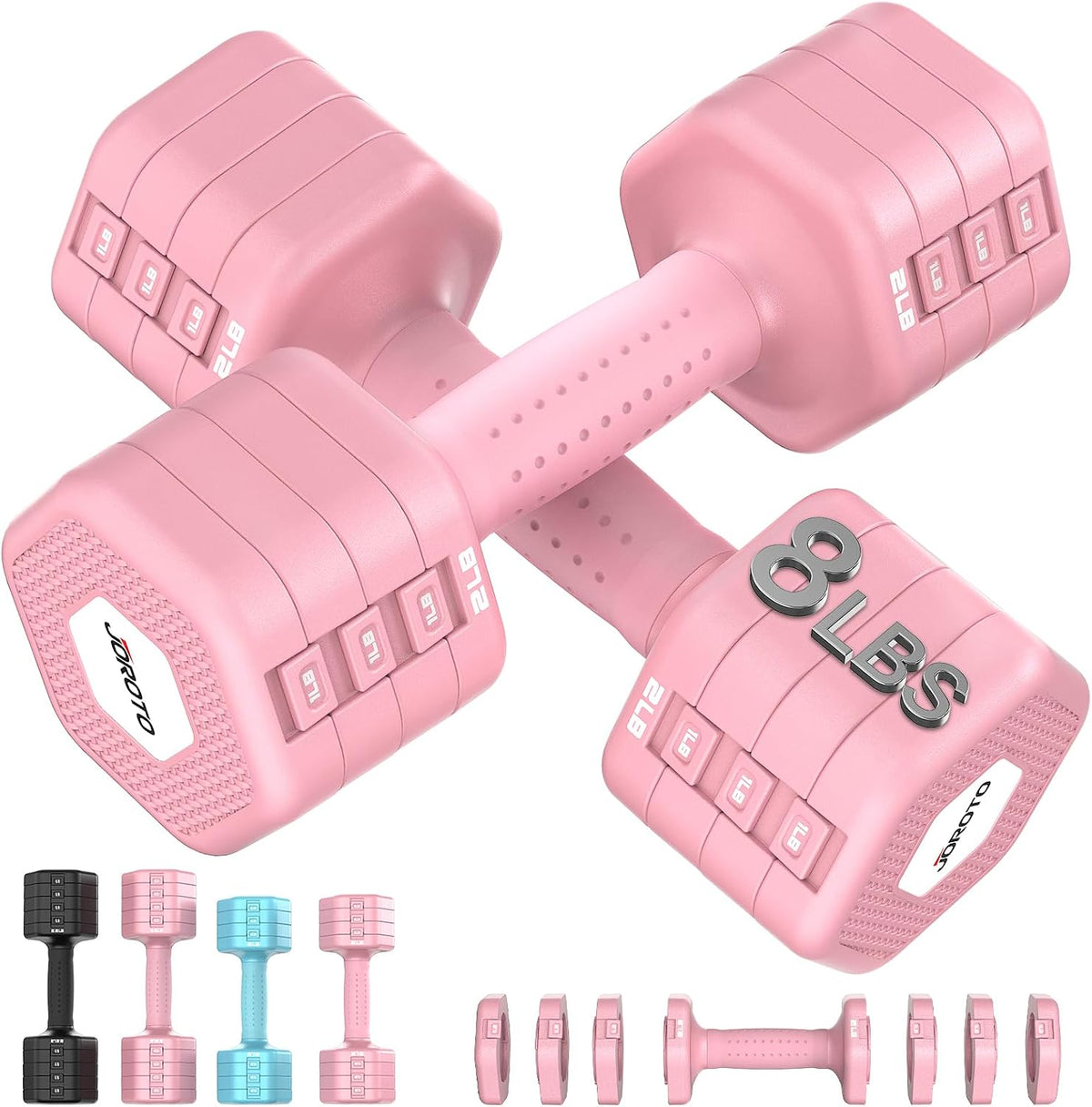 JOROTO Set de Mancuernas Ajustables 5 en 1, Par Ajustable 8LB/11LB para Mujeres en Casa, Bloqueo Dual 1s-Adjust Estable con Mango Suave TPE, Gimnasio en Casa, Rehabilitación, Pilates, Yoga, Entrenamiento de Fuerza